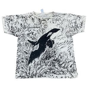 Vintage 80s 90s SeaWorld AOP Orca Waves T Shirt Men's XL